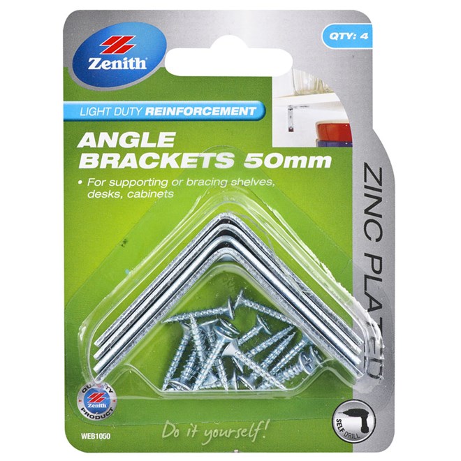 Zinc Plated 50mm Angle Bracket 4 Pack